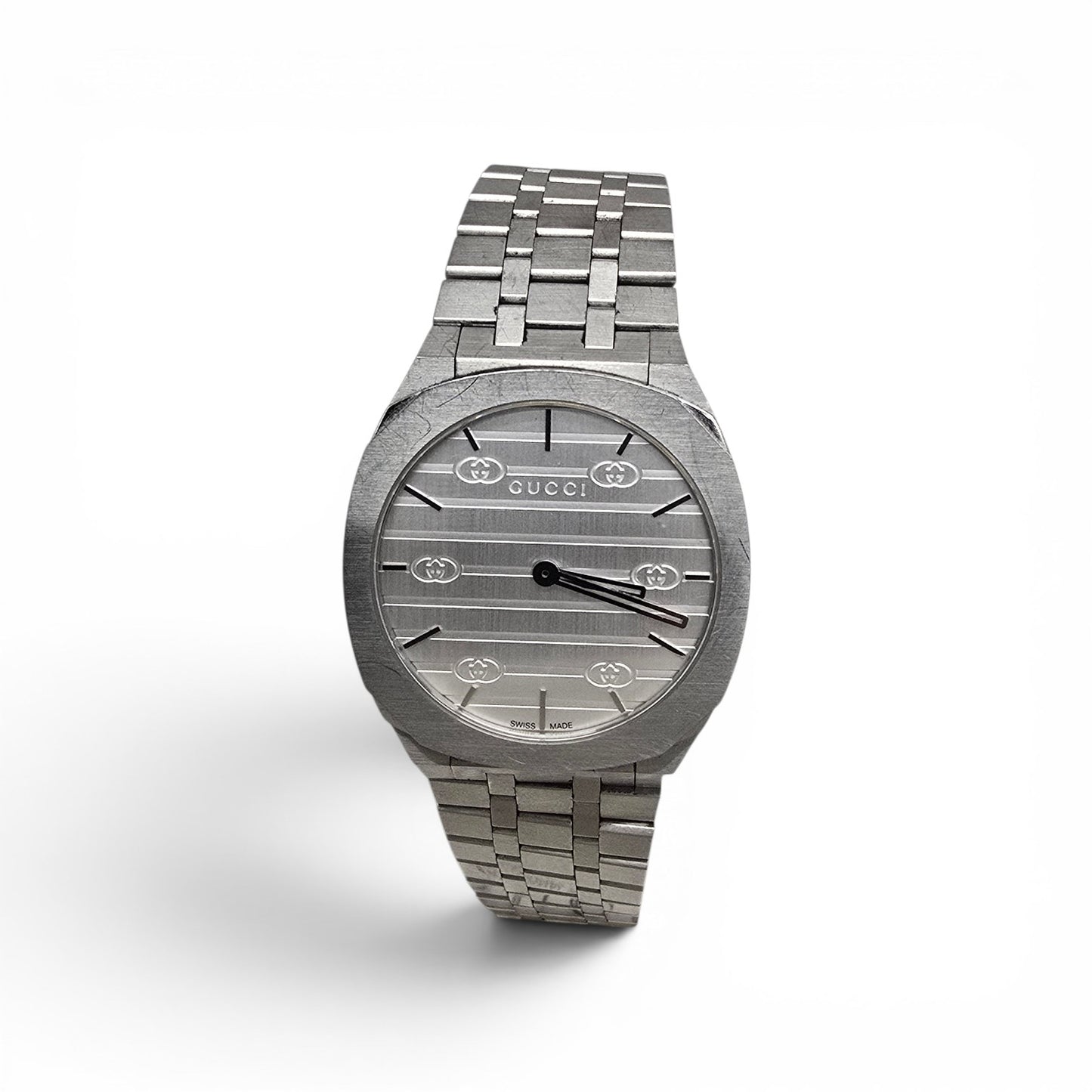 Reeves and Sons ladies Gucci watch box with accompanying paper, elegant packaging for a luxury wristwatch.