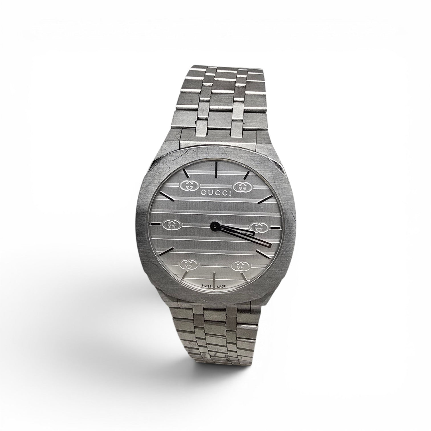 Reeves and Sons ladies Gucci watch box with accompanying paper, elegant packaging for a luxury wristwatch.