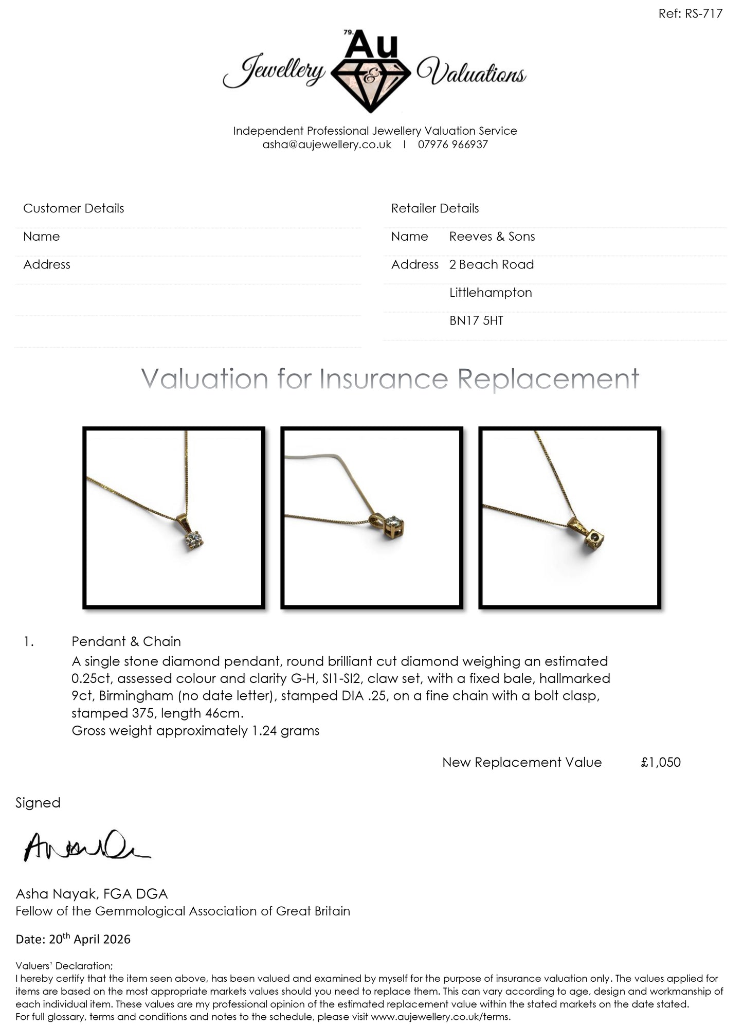 Reeves and Sons 9ct yellow gold pendant with 0.25 carat diamond, paired with a matching 9ct gold chain.