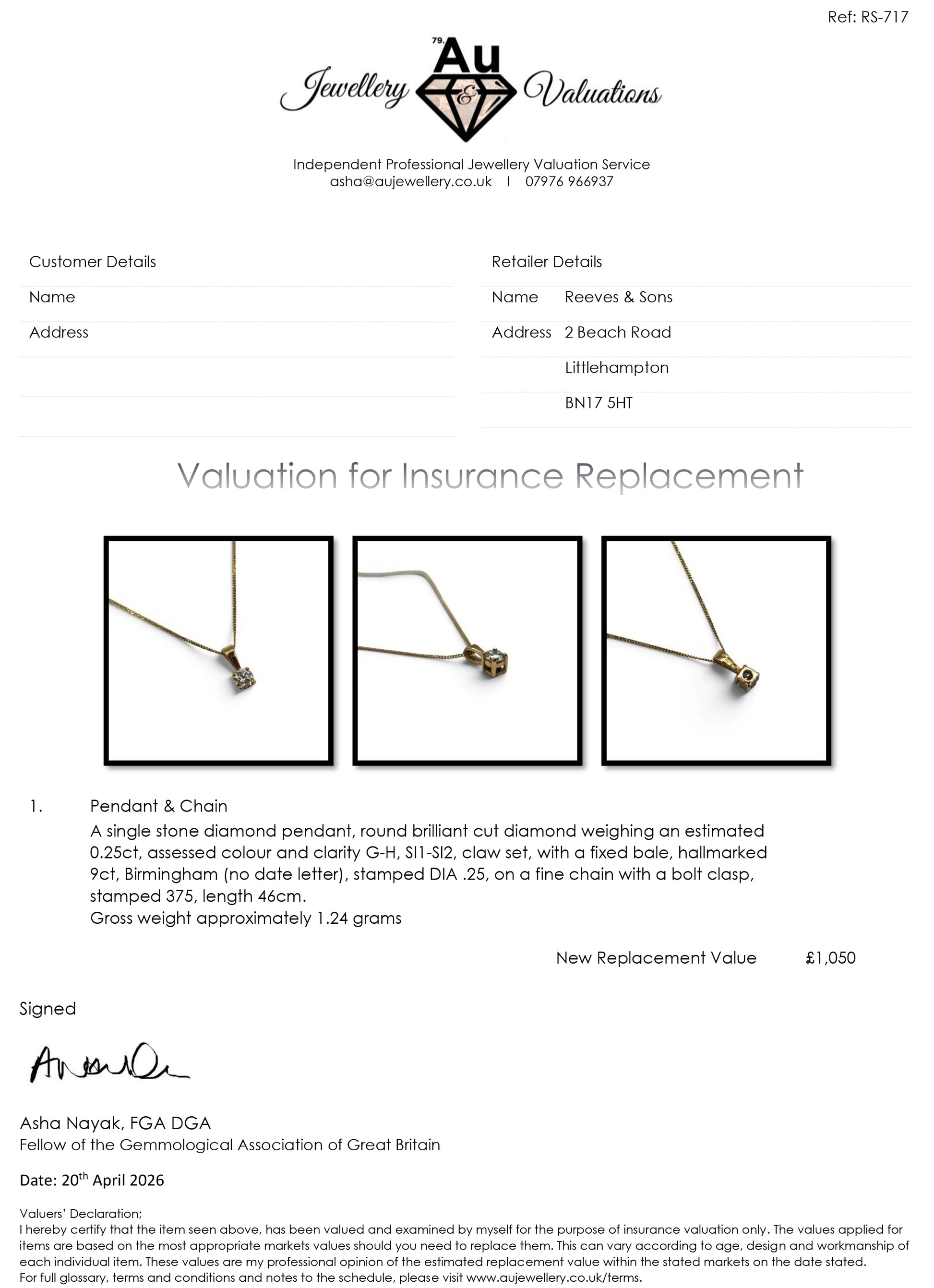 Reeves and Sons 9ct yellow gold pendant with 0.25 carat diamond, paired with a matching 9ct gold chain.