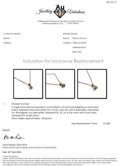 Reeves and Sons 9ct yellow gold pendant with 0.25 carat diamond, paired with a matching 9ct gold chain.