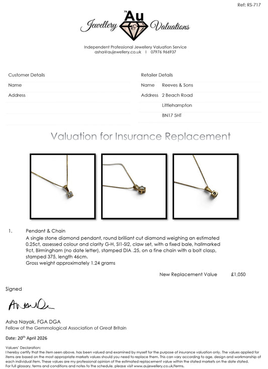 Reeves and Sons 9ct yellow gold pendant with 0.25 carat diamond, paired with a matching 9ct gold chain.