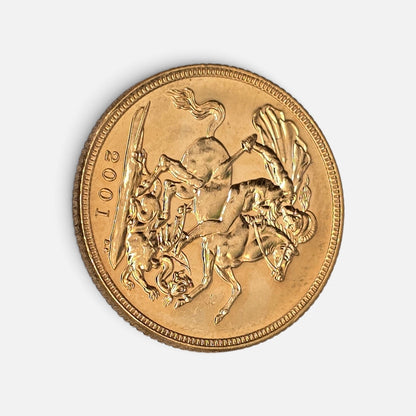 2001 Reeves and Sons full sovereign coin showing detailed design and inscriptions on a reflective surface.