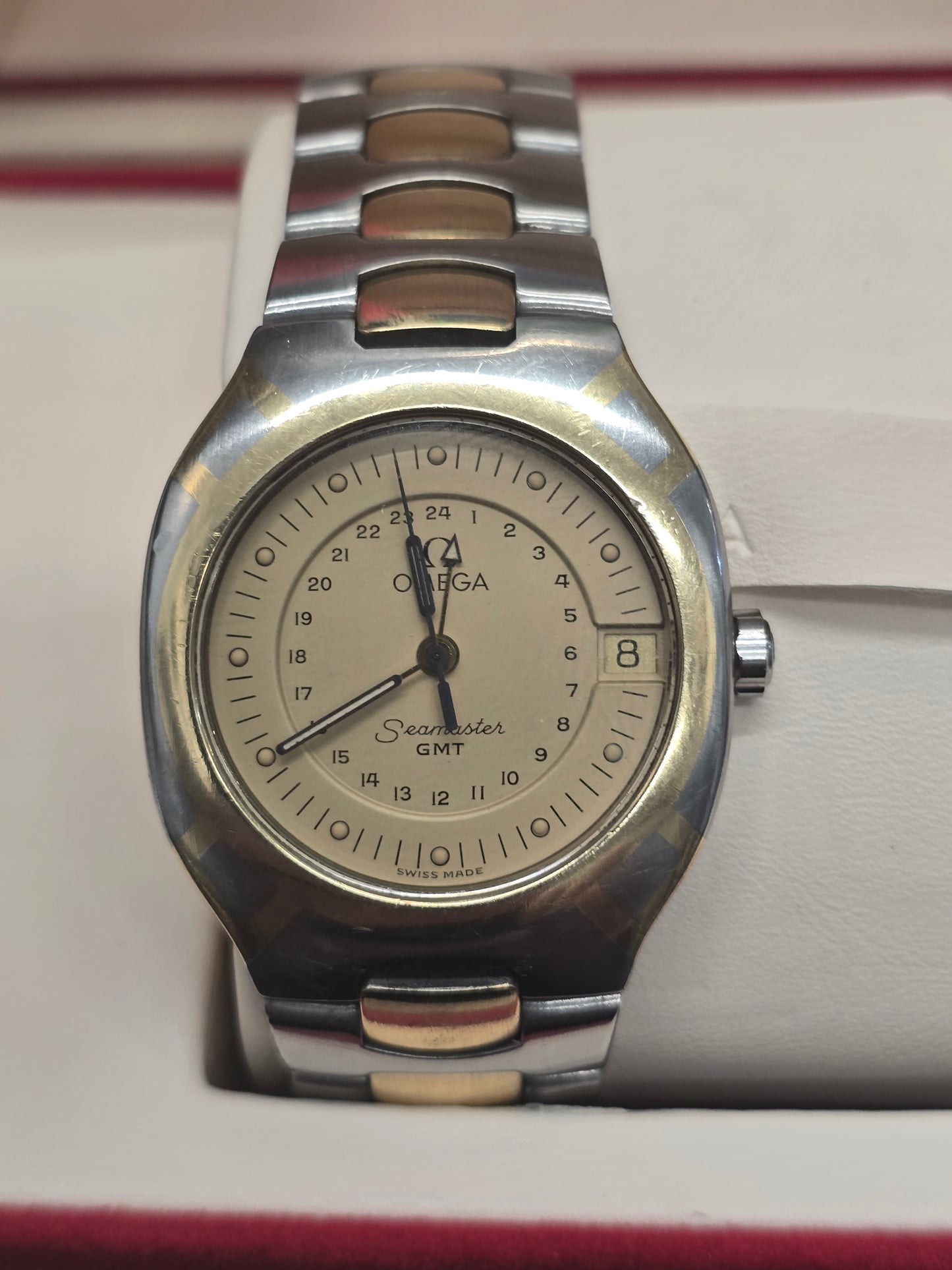 Vintage Omega Seamaster Polaris Chronograph 386.1031 watch with steel and gold bracelet, 1980s quartz timepiece.