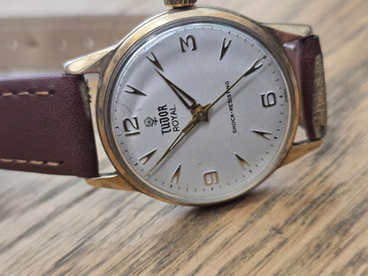 9ct Yellow gold Tudor royal watch on brown leather strap