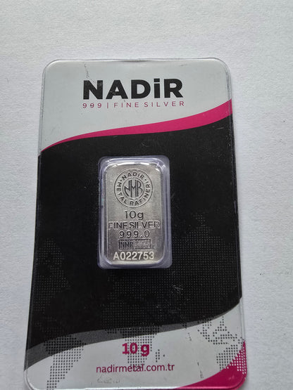 Nadir Metal Rafineri 10g Fine Silver Bullion Bar (.999 Pure) in Assay Card (sh26944b)