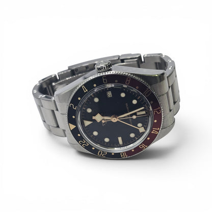 Tudor Black Bay 58 GMT Coke full set watch with black and red bezel, stainless steel bracelet, and detailed dial, 2024 model.