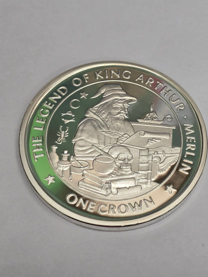 Silver King Arthur coin featuring a crown design, from Reeves and Sons, showcasing intricate details of the legendary monarch.