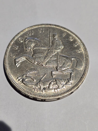 1935 King George V "Rocking Horse" Silver Crown (.500 Silver) – British Jubilee Commemorative Five Shilling Coin (sh24507l)