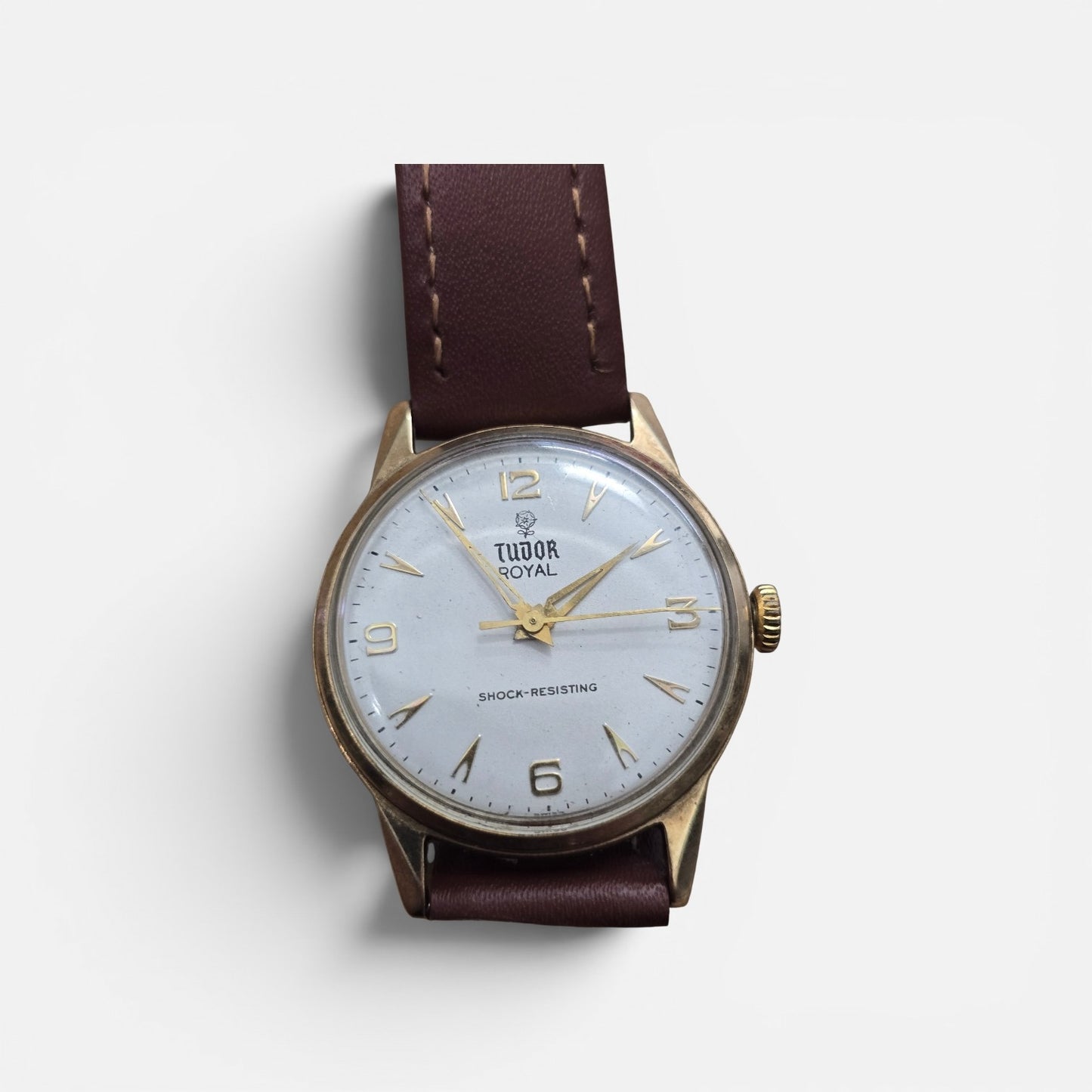 9ct Yellow gold Tudor royal watch on brown leather strap