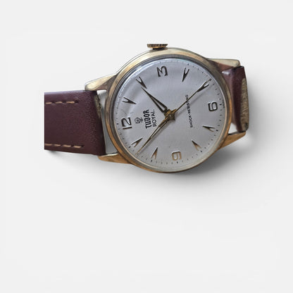 9ct Yellow gold Tudor royal watch on brown leather strap