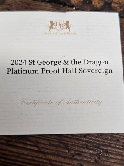 2024 Reeves and Sons St George & Dragon platinum proof half sovereign silver coin with certificate, featuring detailed coin design.