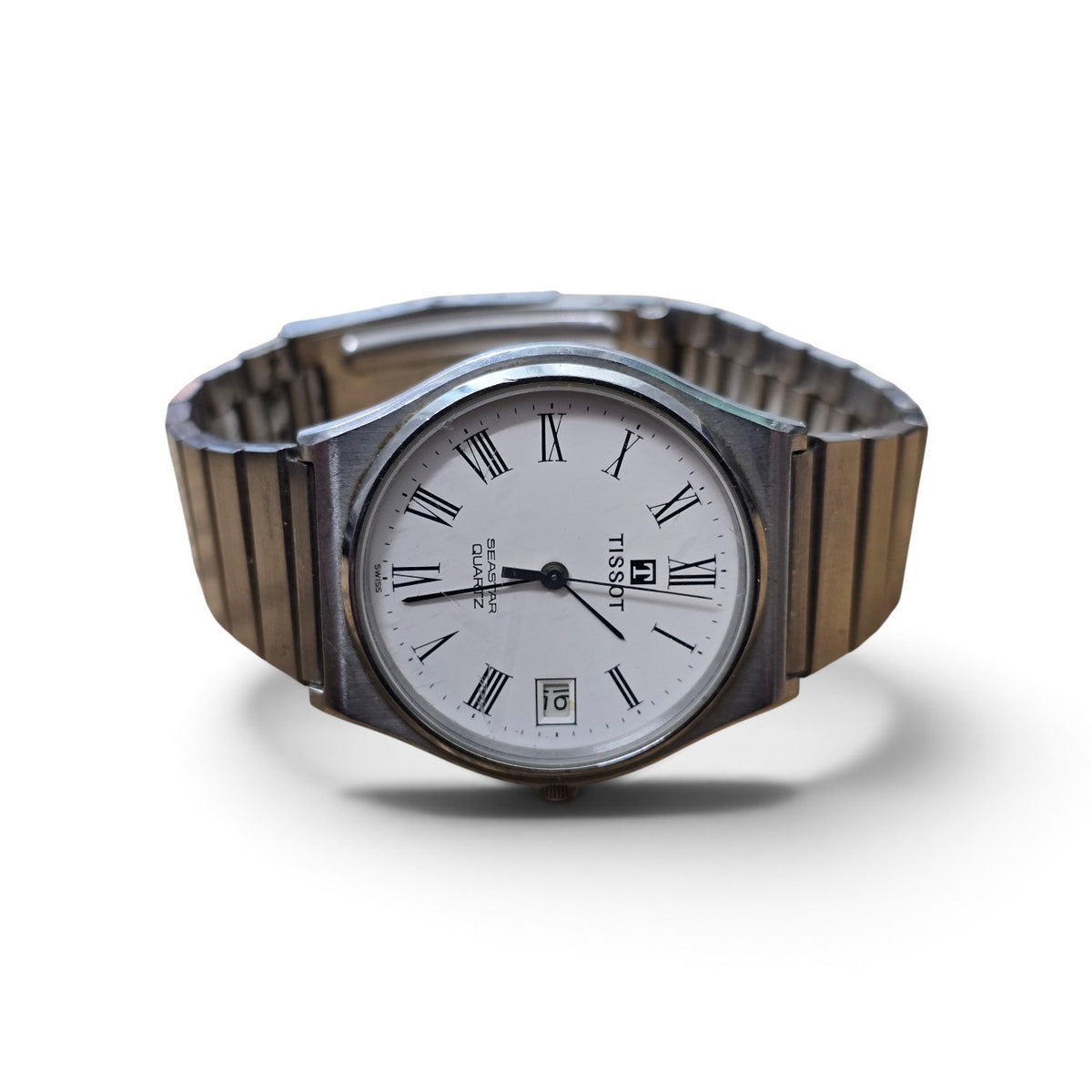 Vintage Tissot Seastar Quartz Stainless Steel White Dial Roman Numeral Date Watch