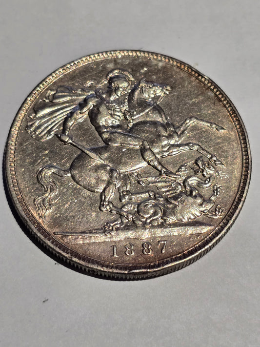 Silver crown coin featuring Queen Victoria's Jubilee Head, 1887, British five shilling coin, .925 sterling silver, Reeves and Sons.