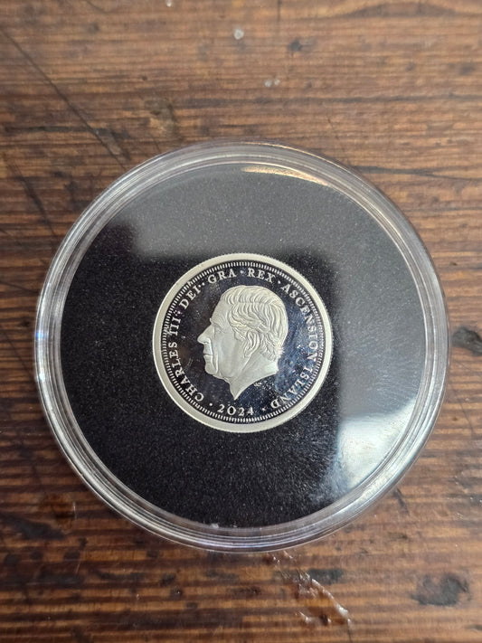 2024 St George & Dragon platinum proof half sovereign silver coin by Reeves and Sons with certificate showing detailed coin design.