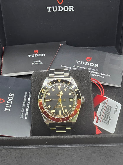 Tudor Black Bay 58 GMT Coke full set watch with black and red bezel, stainless steel bracelet, and year 2024 model.