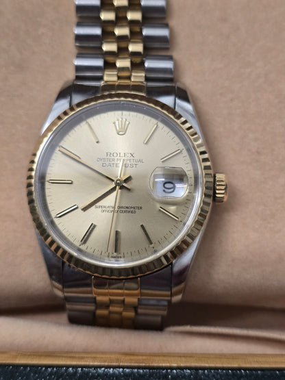 Rolex DateJust 36mm Two-Tone Yellow Gold & Steel Champagne Dial Jubilee Watch full set, model 16233 (sh27500b)