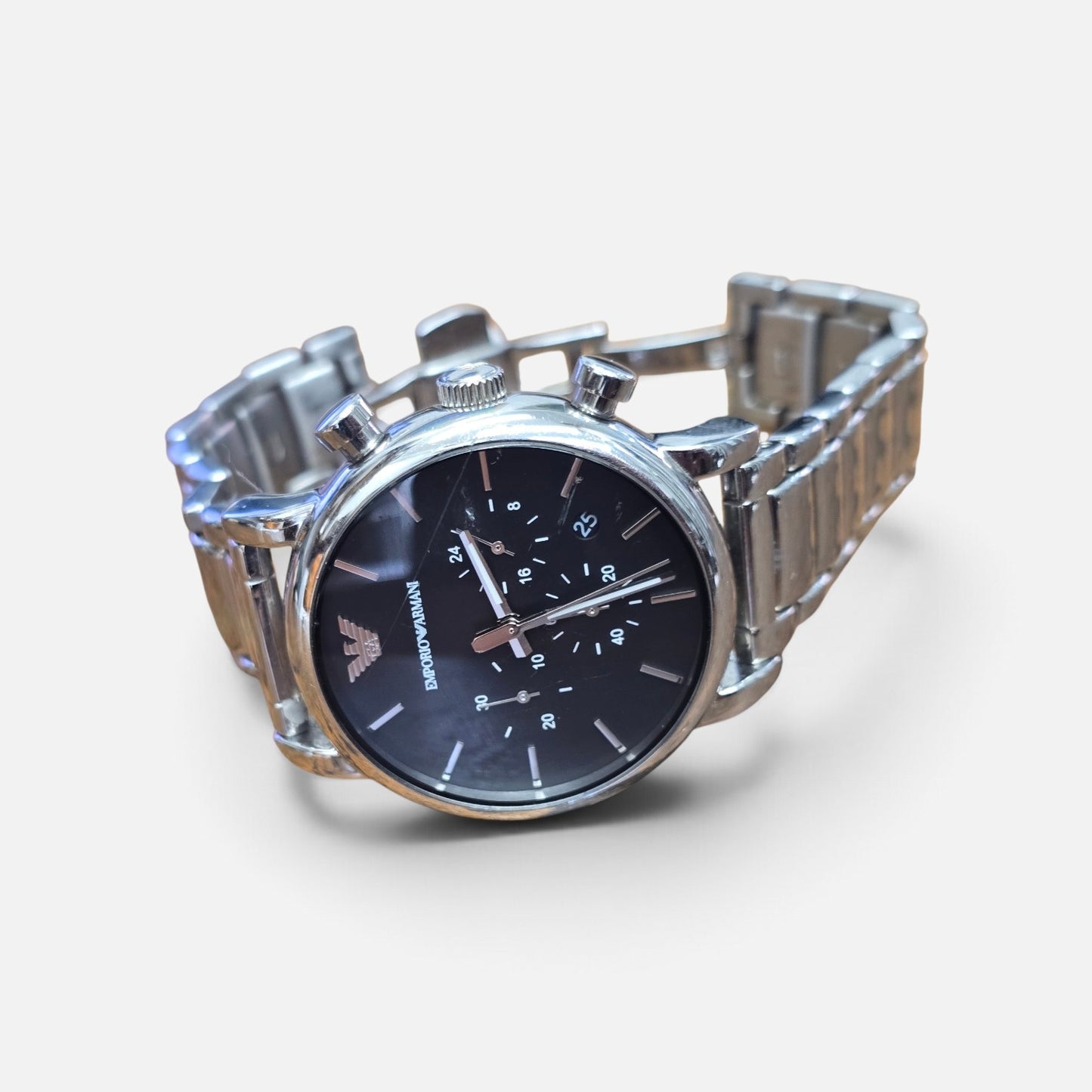 Reef and Sons men's Emporio Armani chronograph stainless steel watch with black dial and silver-tone case.