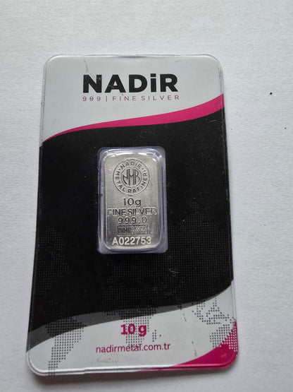 Nadir Metal Rafineri 10g Fine Silver Bullion Bar (.999 Pure) in Assay Card (sh26944b)