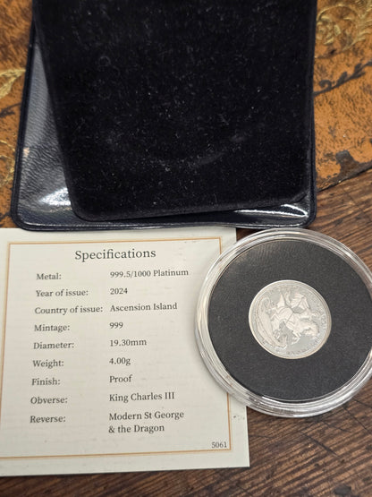Silver St George & Dragon platinum proof half sovereign coin by Reeves and Sons with certificate, featuring detailed coin design.