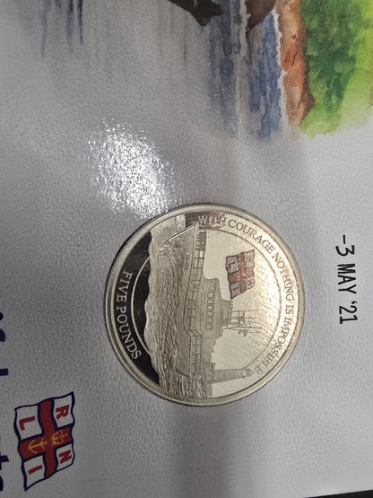 Reeves and Sons Harrington & Byrne 2021 silver proof £5 coin cover featuring a lifeboat design on a detailed cover.