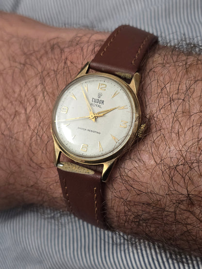 9ct Yellow gold Tudor royal watch on brown leather strap