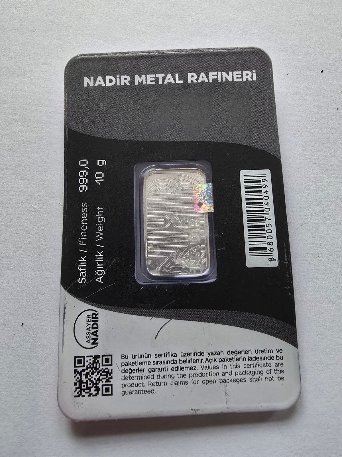 Nadir Metal Rafineri 10g Fine Silver Bullion Bar (.999 Pure) in Assay Card (sh26944b)