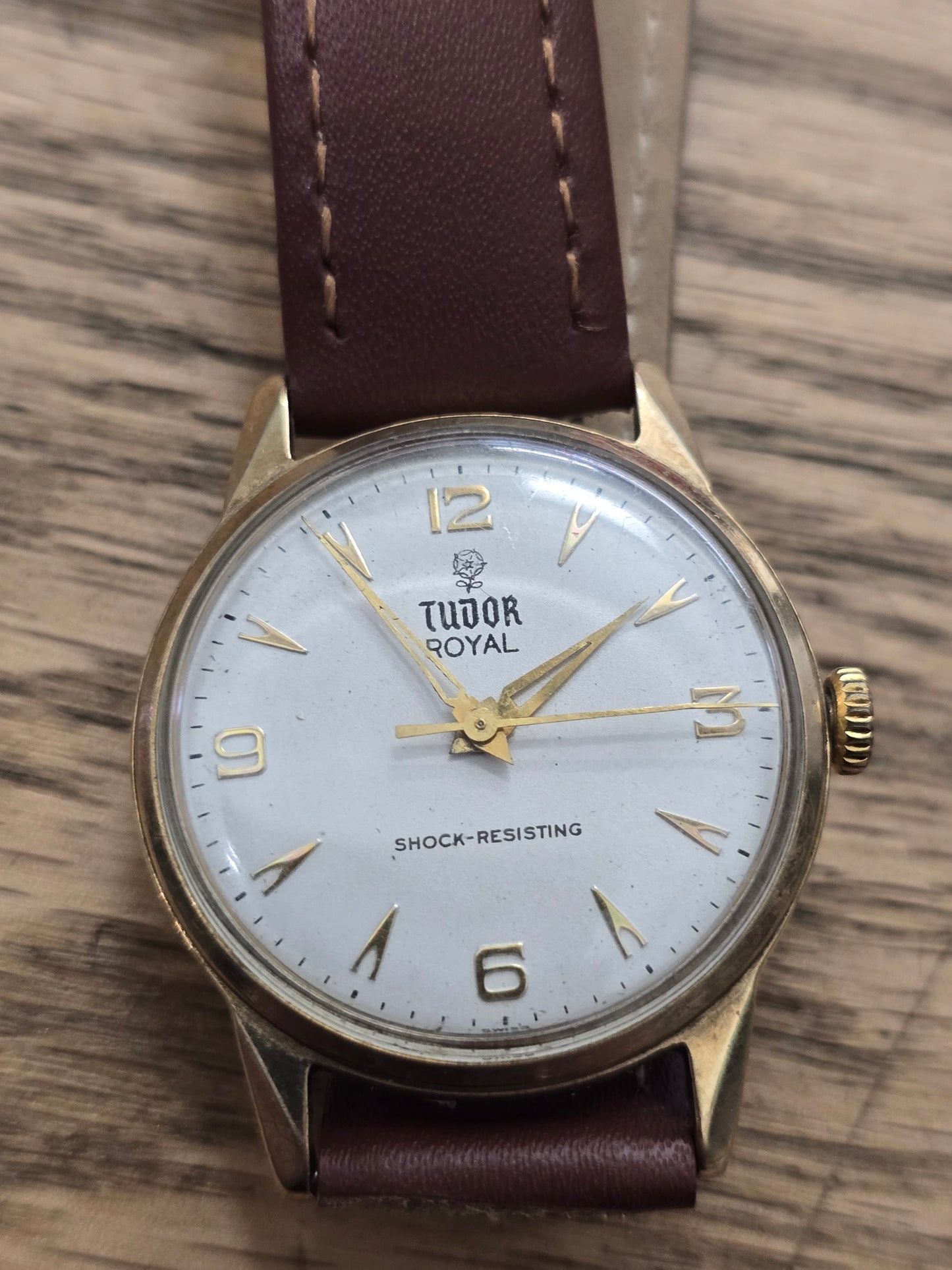 9ct Yellow gold Tudor royal watch on brown leather strap
