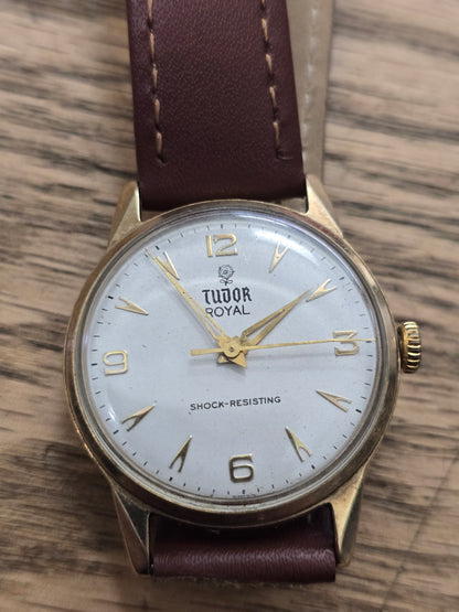 9ct Yellow gold Tudor royal watch on brown leather strap