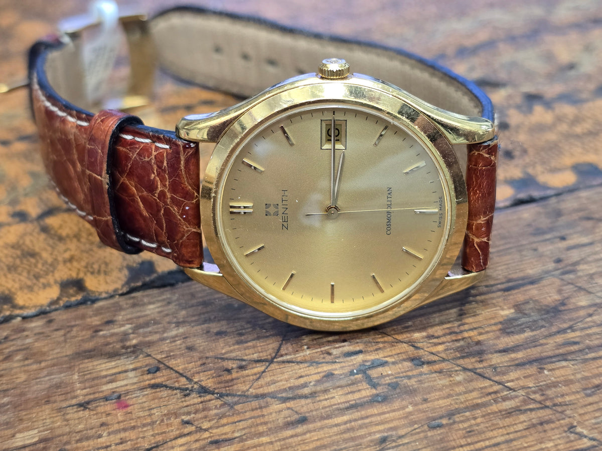 Vintage Zenith Cosmopolitan Gold-Plated Men's Wristwatch – Sunburst Dial, Date