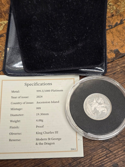 2024 Reeves and Sons St George & Dragon platinum proof half sovereign silver coin with certificate, featuring detailed coin design.