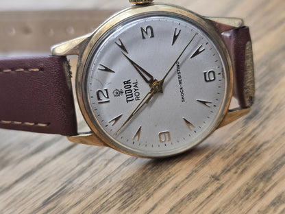 9ct Yellow gold Tudor royal watch on brown leather strap