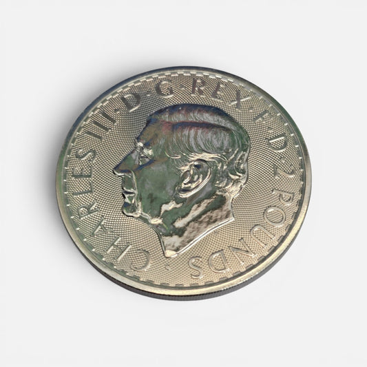 Silver 1oz 2025 Britannia coin featuring Queen Elizabeth II, 999 fine silver, with Reeves and Sons branding.