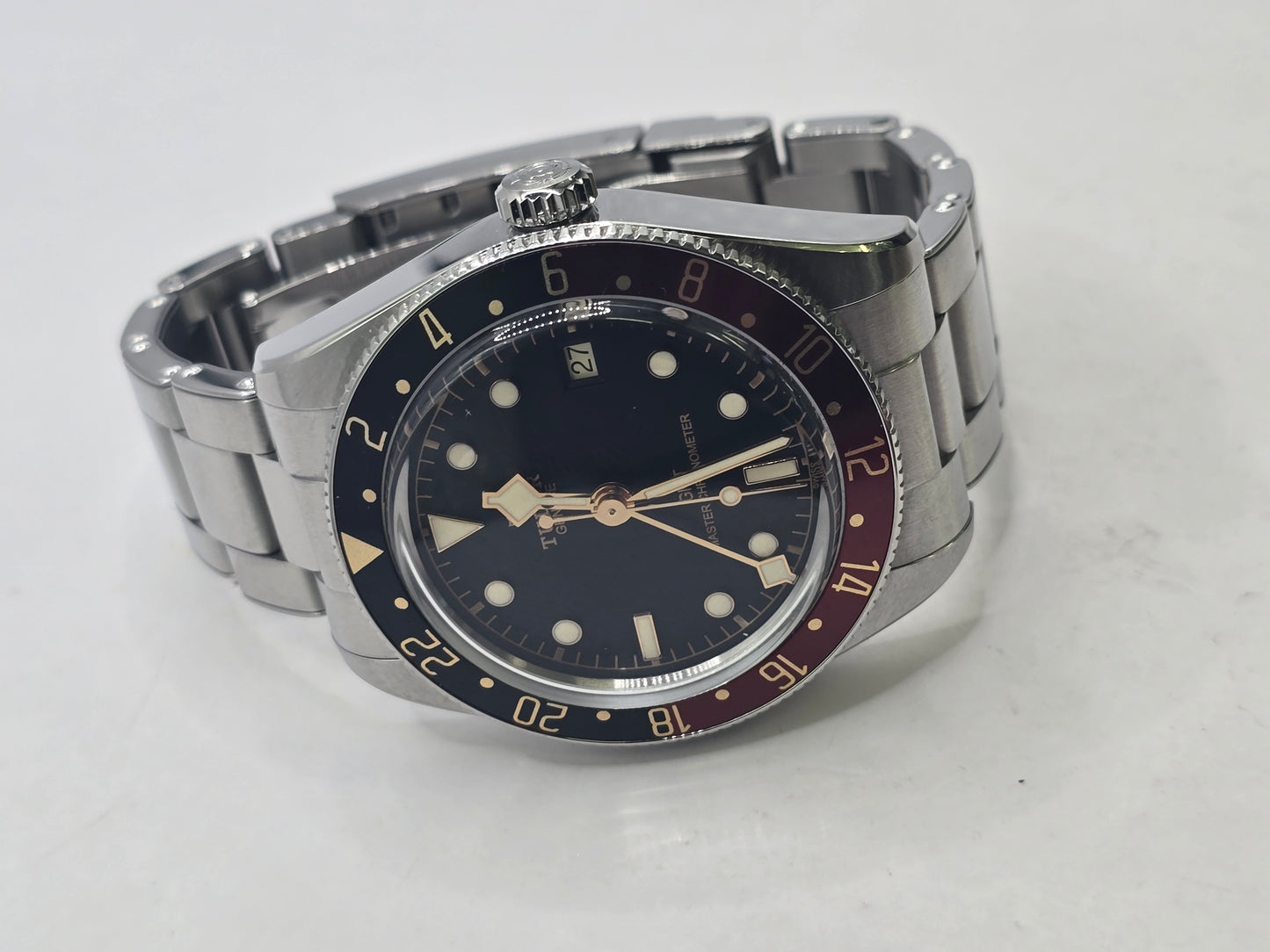 Tudor Black Bay 58 GMT Coke full set watch from 2024 with black and red bezel, stainless steel bracelet, and original box.