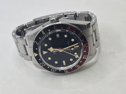 Tudor Black Bay 58 GMT Coke full set watch from 2024 with black and red bezel, stainless steel bracelet, and original box.