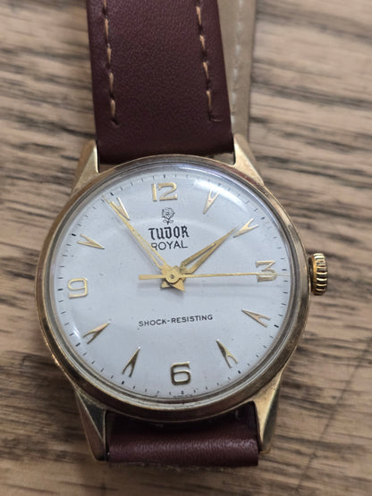 9ct Yellow gold Tudor royal watch on brown leather strap