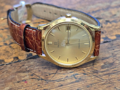 Vintage Zenith Cosmopolitan Gold-Plated Men's Wristwatch – Sunburst Dial, Date