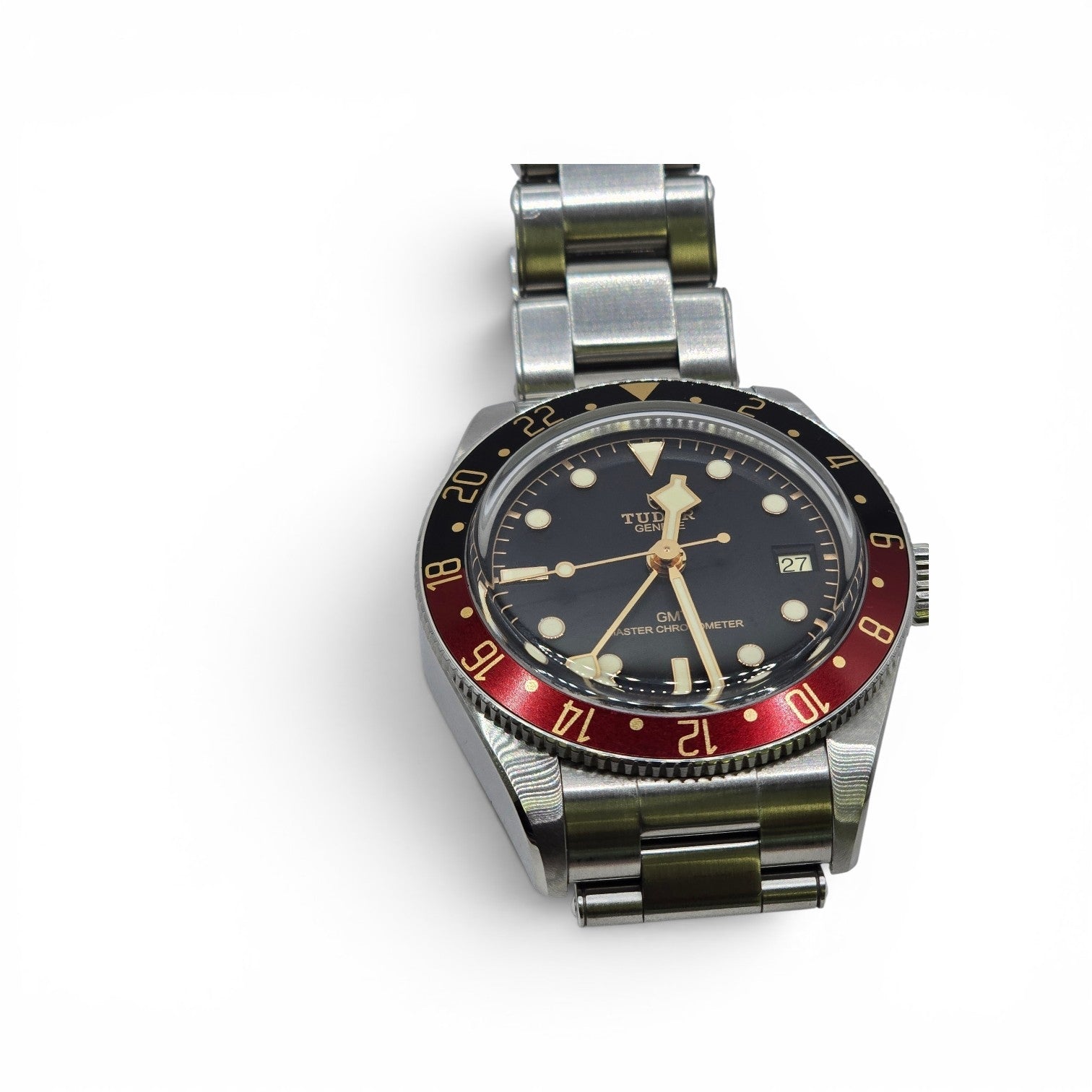 Tudor Black Bay 58 GMT Coke full-set watch from 2024 with black and red bezel, stainless steel case, and original accessories.