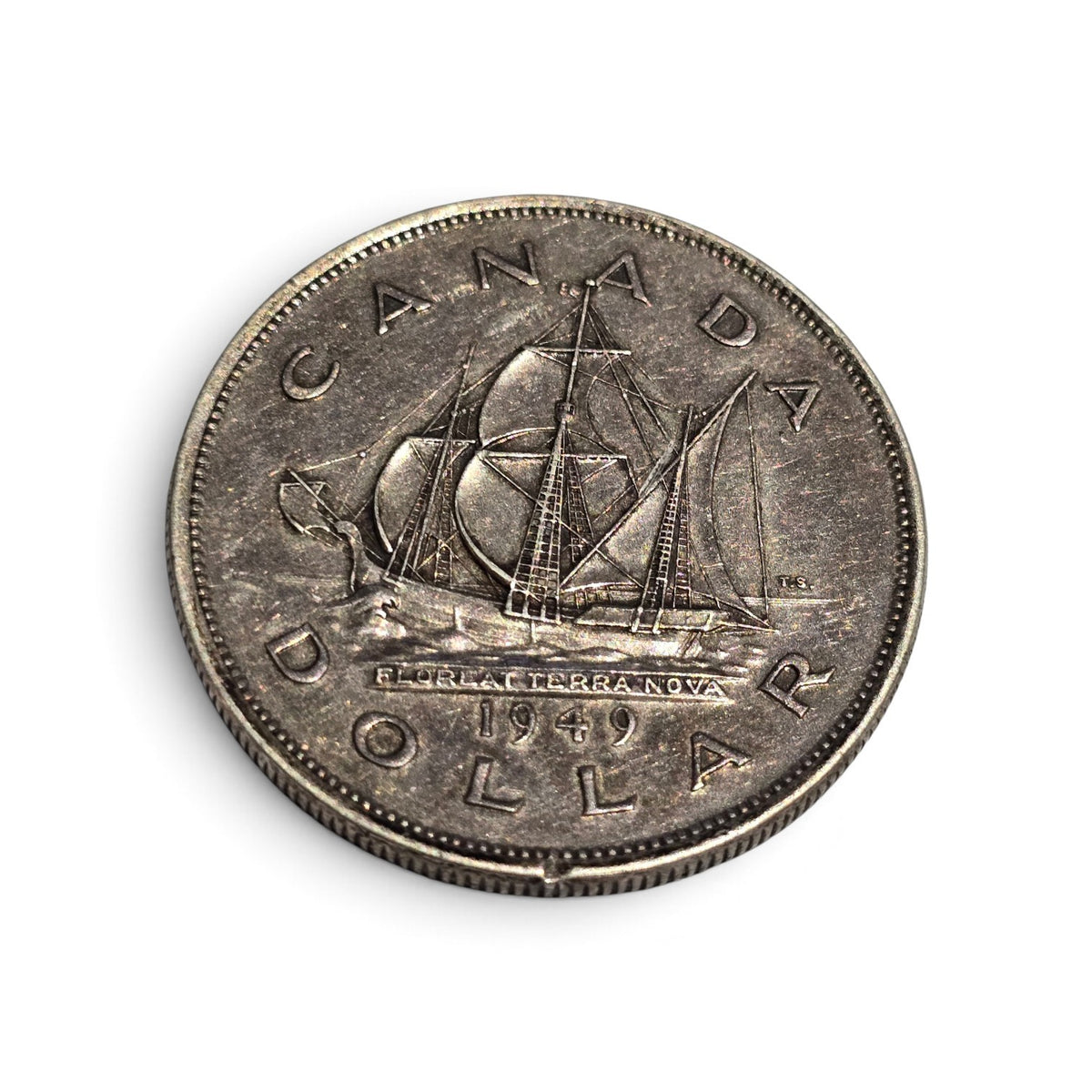 1949 Canada Newfoundland Confederation Silver Dollar (.800 Fine Silver) – Historic Sailing Ship Commemorative. (sh25005l)