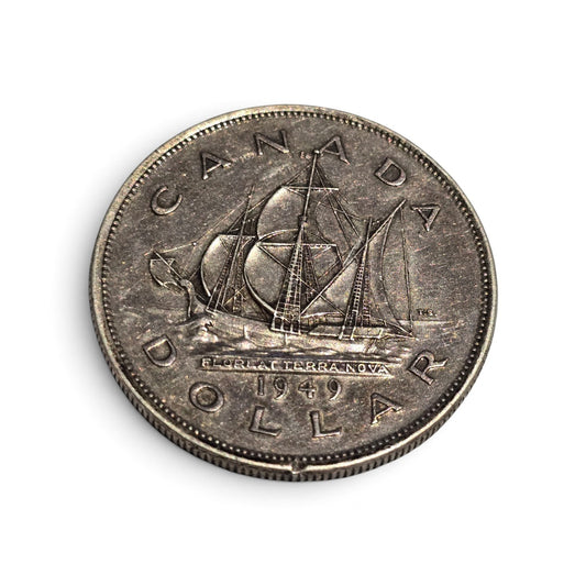 1949 Newfoundland Confederation Silver Dollar coin featuring a historic sailing ship, made of .800 fine silver, by Reeves and Sons.