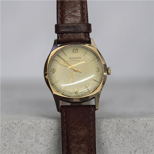 9ct yellow gold Rotary watch with a classic round face and elegant design, showcasing the luxurious timepiece.