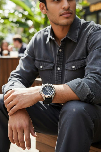 Seiko 5 Sports automatic watch with boxed papers, featuring a stainless steel band and black dial, displayed on a white background.