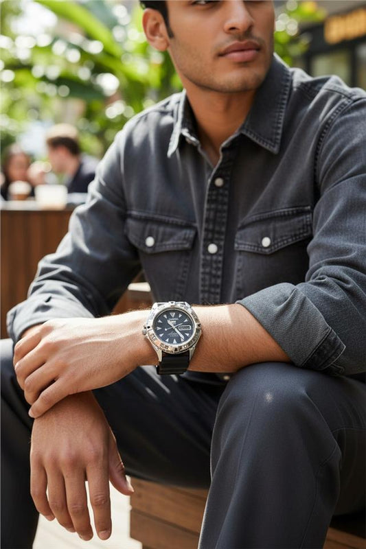 Seiko 5 Sports automatic watch with boxed papers, featuring a stainless steel band and black dial, displayed on a white background.