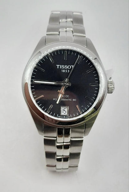 Tissot PR100 watch with box and papers, featuring a stainless steel bracelet and classic round dial.
