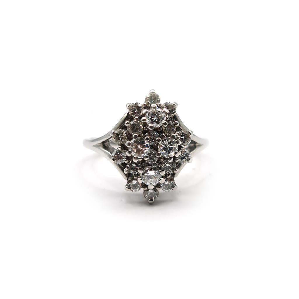 14ct white gold diamond cluster ring featuring a 1.12 carat total weight, showcasing a sparkling, elegant design.