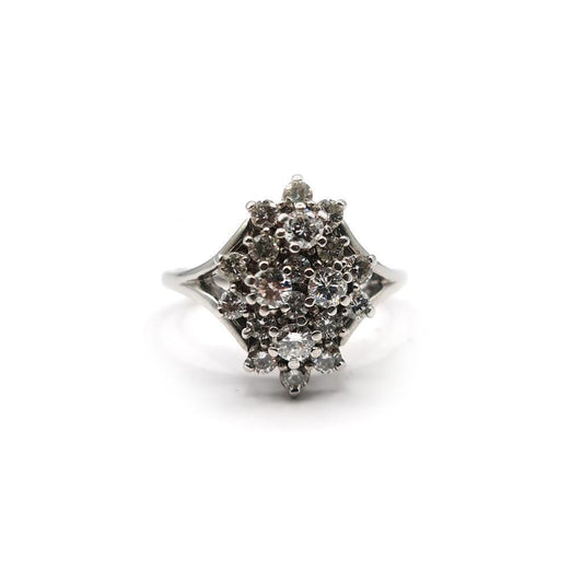 14ct white gold diamond cluster ring featuring a 1.12 carat total weight, showcasing a sparkling, elegant design.