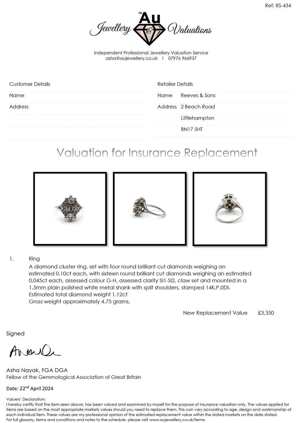 14ct white gold diamond cluster ring with 1.12 carats of sparkling diamonds, showcasing a luxurious and elegant jewelry piece.