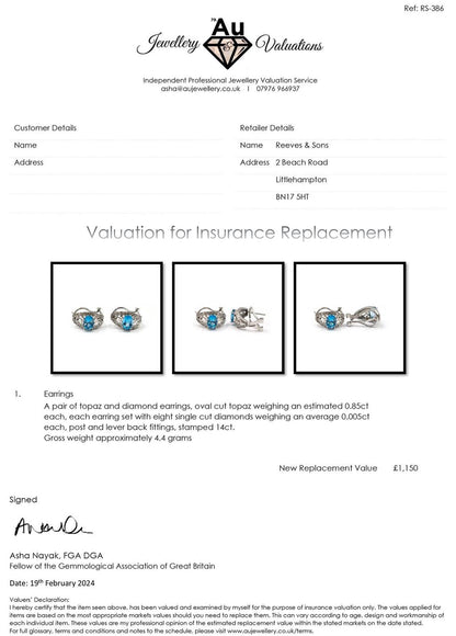 14ct white gold topaz and diamond earrings with post and lever back, featuring 1.70 carats of sparkling gemstones.