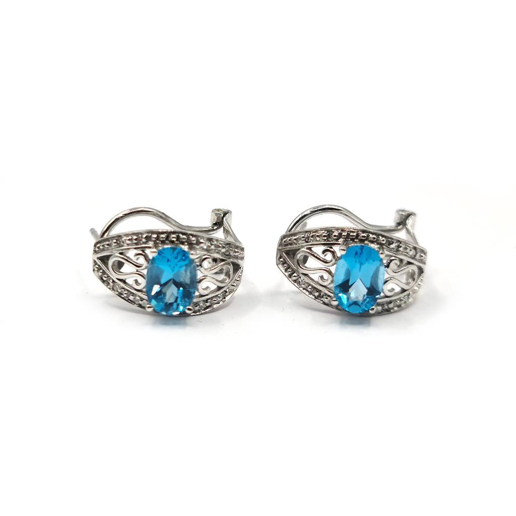14ct white gold topaz and diamond earrings with post and lever back, featuring 1.70 carats of vibrant blue topaz and sparkling diamonds