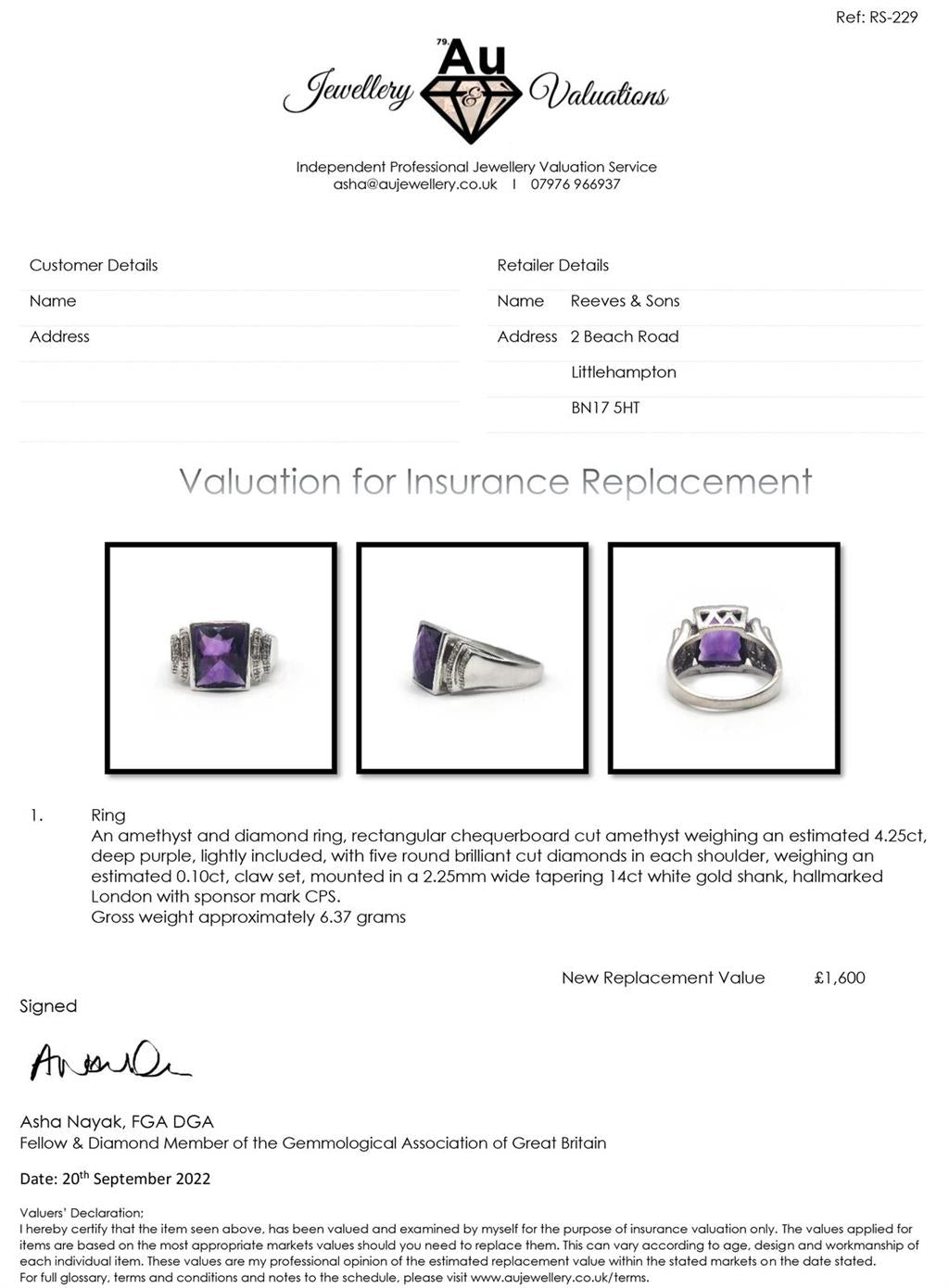 14ct white gold ring featuring a 4.25 carat purple amethyst gemstone accented with small diamonds.
